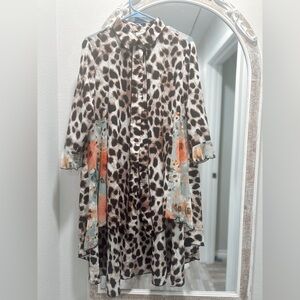 Leopard Print Button-Front Tunic with Floral Panels